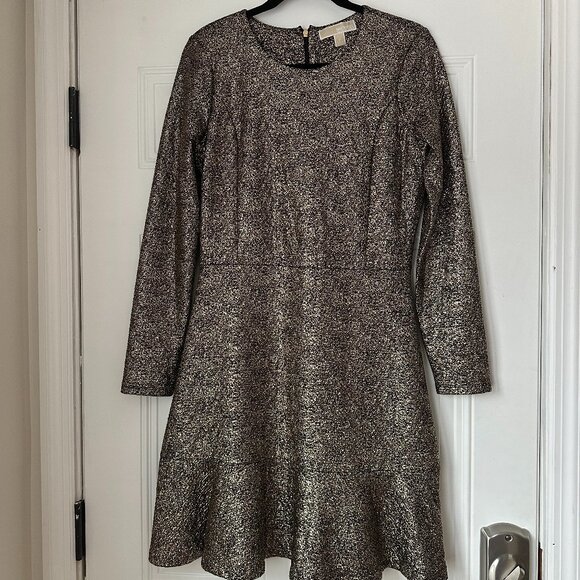 Michael Kors Gold Foil Flounce Dress with Long Sleeves - Picture 1 of 7